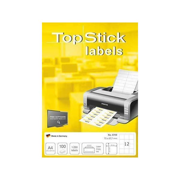 TopStick utskrifts-etikett, A4, 70x67,7mm/ 12-delad