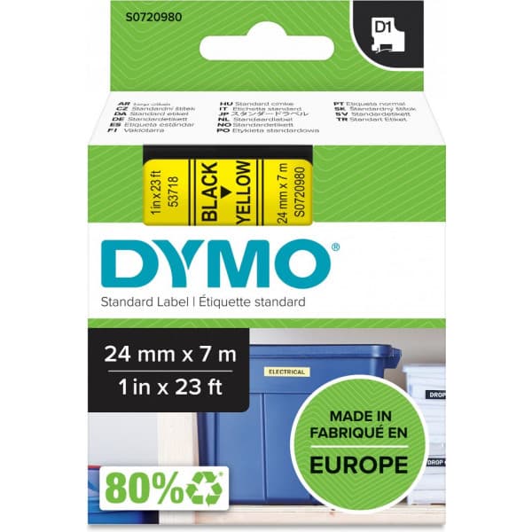 Dymo D1 -teippi 24 mm x 7 m, musta keltaisella pohjalla