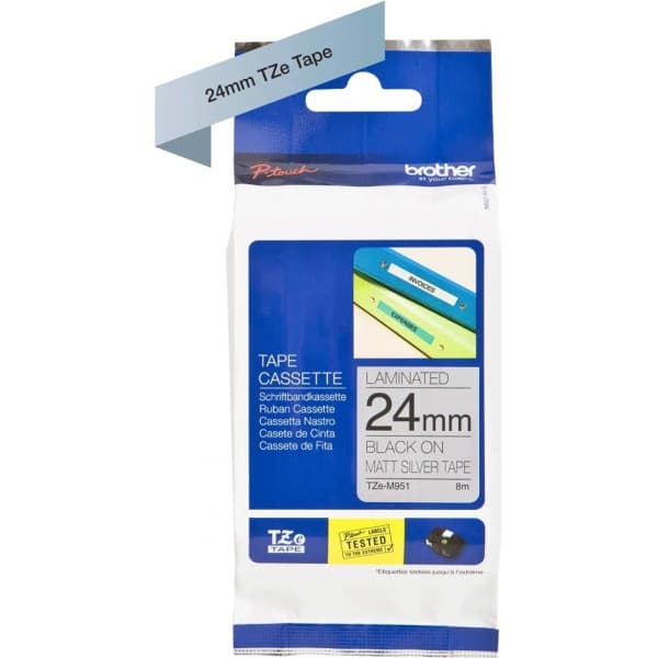 Brother TZe-M951 -etikettiremmi, 24 mm x 8 m, svart med mattsilver botten
