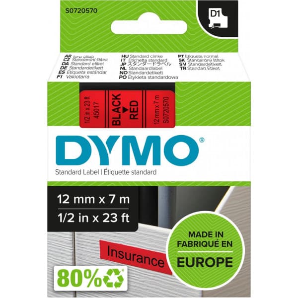 Dymo D1-tejp 12 mm x 7 m, svart på röd botten