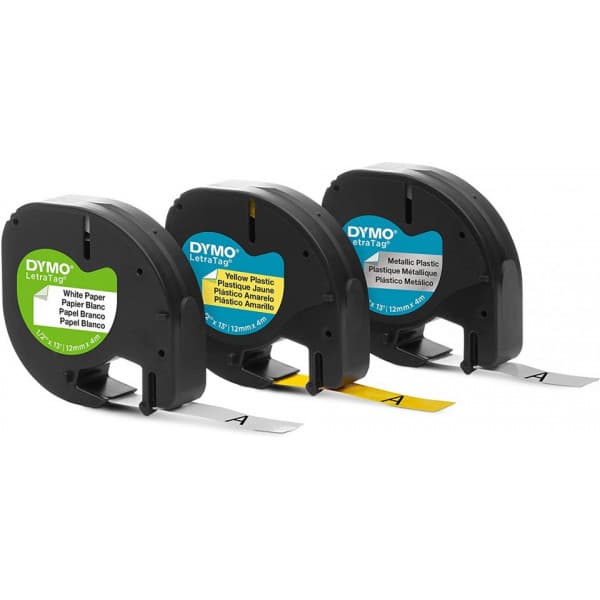 Dymo LetraTag -plast-, papper- och metalltejper, 12 mm x 4 m, 3 olika tejper