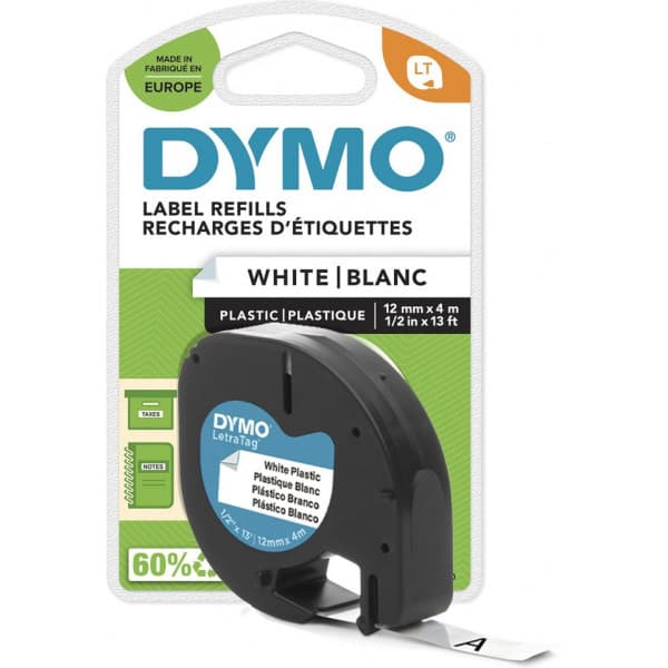 Dymo LetraTAG -plasttejp 12 mm x 4 m, svart med vit botten