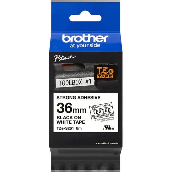 Brother TZe-S261 - kraftigt fästande tejprep, 36 mm x 8 m, svart på vit botten