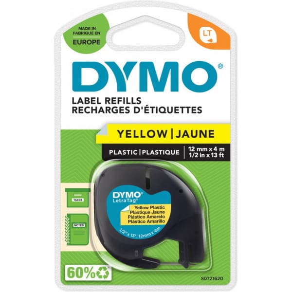 Dymo LetraTAG -plasttejp 12 mm x 4 m, svart med gul botten