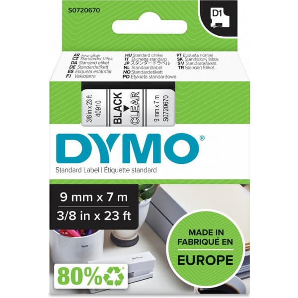 Dymo D1-tejp 9 mm x 7 m, svart på genomskinlig botten