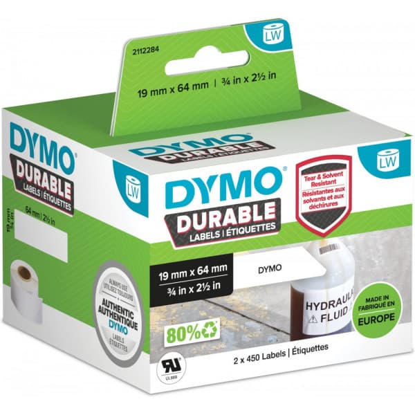 Dymo LW Durable -kestotarra 19 mm x 64 mm, 2 x 450 tarraa, valkoinen polyesteri