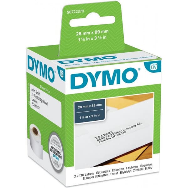 Dymo LabelWriter -adressetikett 89 x 28 mm, 2 x 130 etiketter, vit