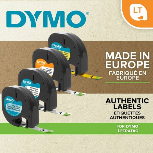 Dymo LetraTAG -plastband 12 mm x 4 m, svart med genomskinligt underlag