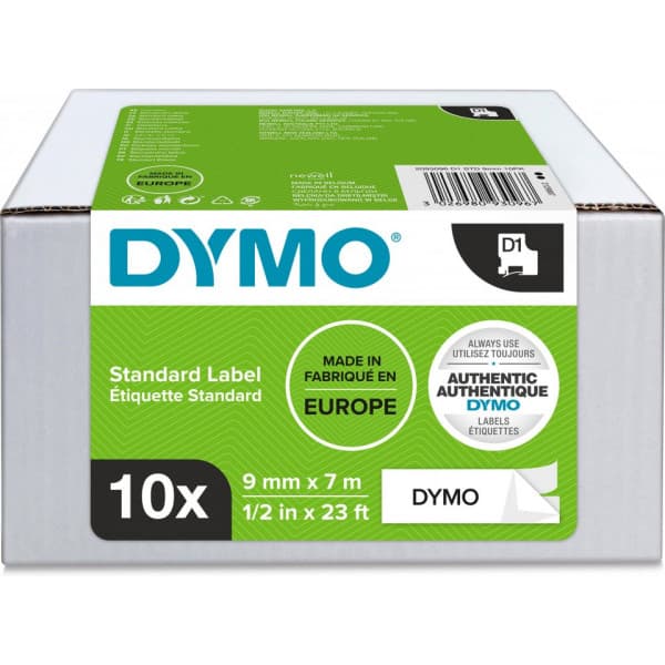Dymo D1-tejp 9 mm x 7 m, svart på vit botten, 10 st förpackning