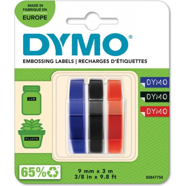 Dymo 3D -kohokirjoitusteippi 9 mm x 3 m, 3 eri väriä