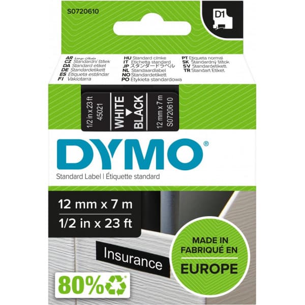 Dymo D1-tejp 12 mm x 7 m, vit med svart botten