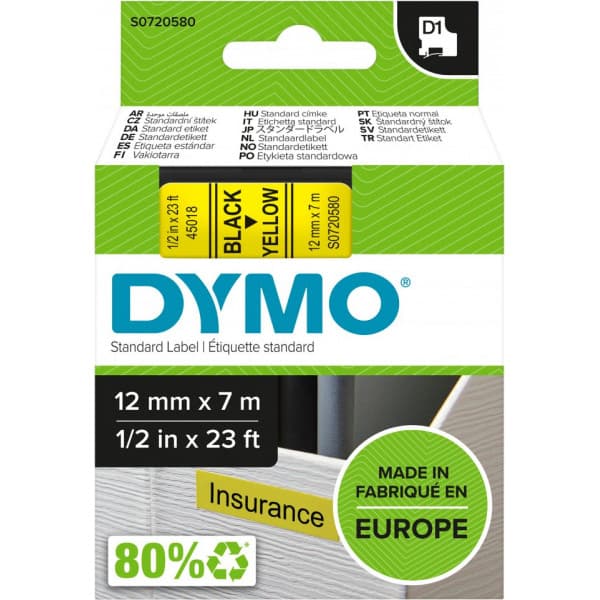 Dymo D1-tejp 12 mm x 7 m, svart med gul botten