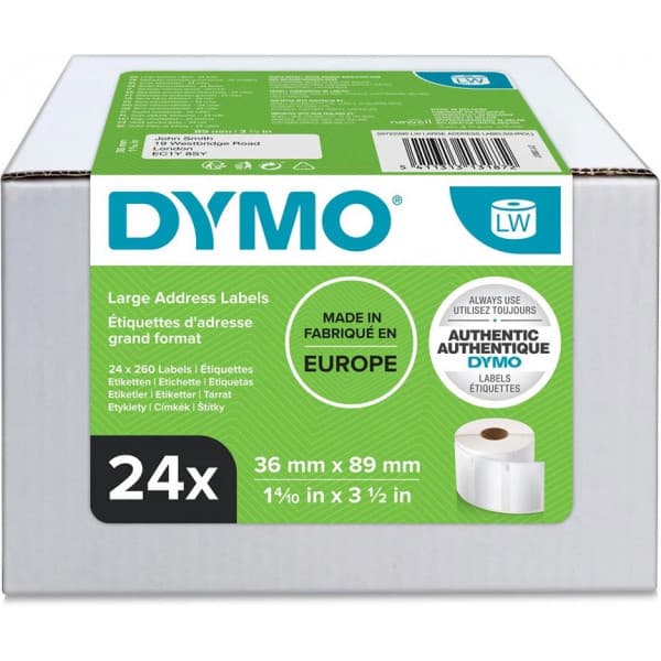 Dymo LabelWriter -adressetikett 36 mm x 89 mm, 24 x 260 etiketter, vit