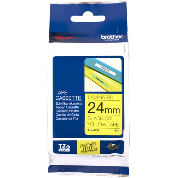 Brother TZe-651 etikettband, 24 mm x 8 m, svart på gul bakgrund