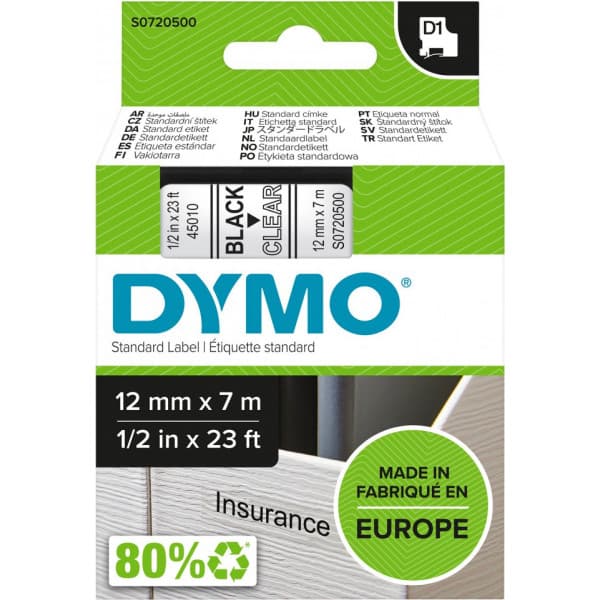 Dymo D1-tejp 12 mm x 7 m, svart på genomskinlig botten