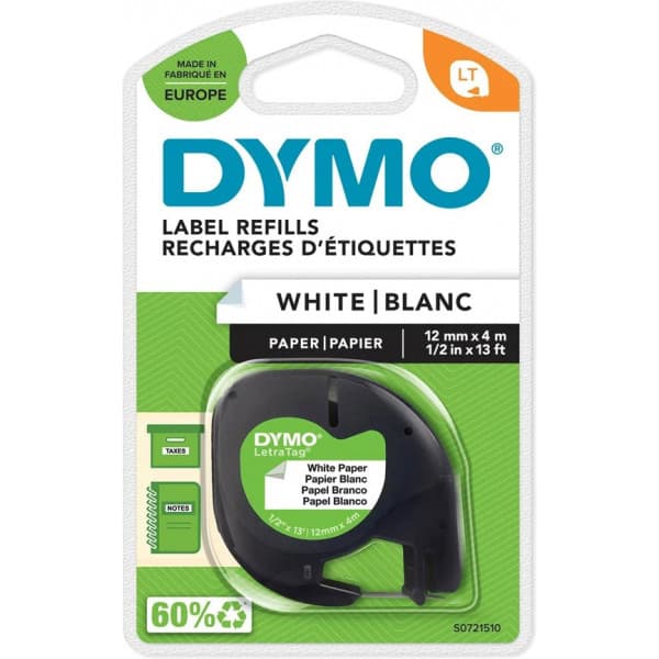 Dymo LetraTAG -papperstejp, 12 mm x 4 m, svart/vit