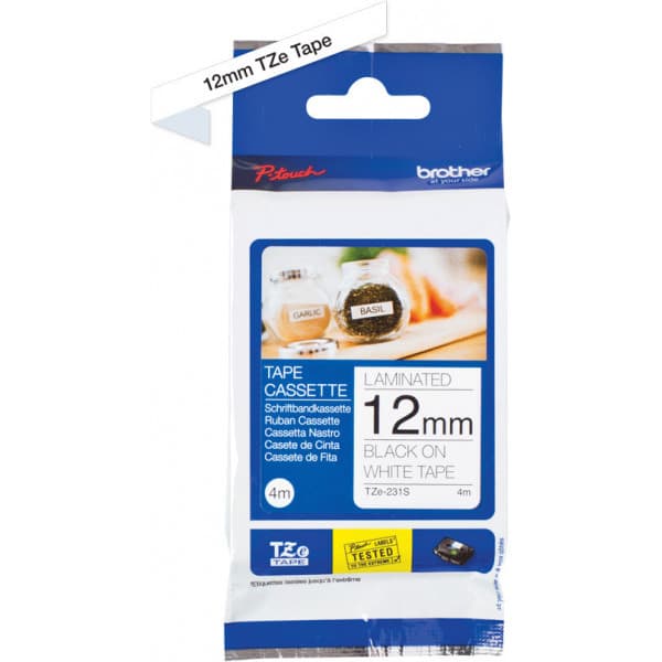 Brother TZe-231S2 -etikettband, 12 mm x 4 m, svart på vit bakgrund