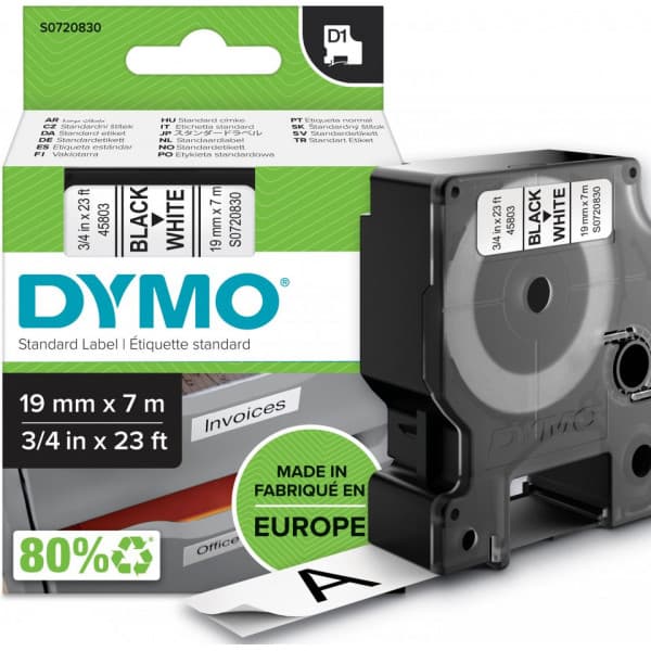 Dymo D1-tejp 19 mm x 7 m, svart på vit botten