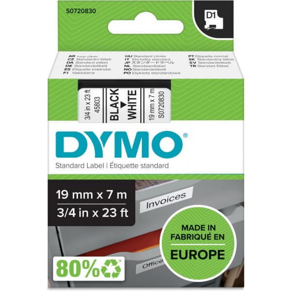 Dymo D1-tejp 19 mm x 7 m, svart på vit botten