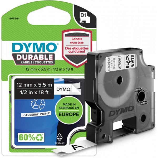 Dymo D1 Durable -hållbar etikett 12 mm x 5,5 m, svart på vit botten