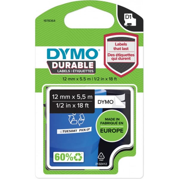 Dymo D1 Durable -kestotarra 12 mm x 5,5 m, musta valkoisella pohjalla