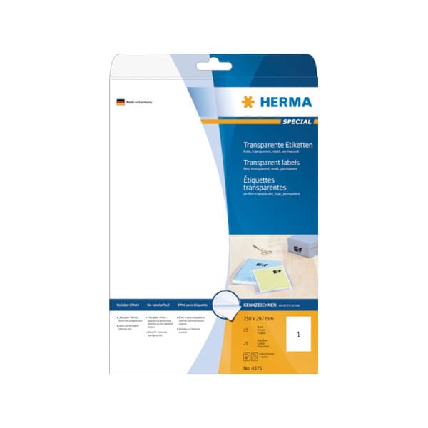 Herma 4375 -tarra, läpinäkyvä 210x297 mm, muovi, matta, 1os. 25/pak