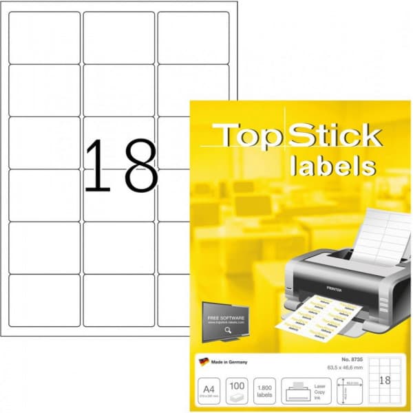 TopStick 8735 -utskriftsetiketter, 18-delad, 63,5 x 46,6 mm