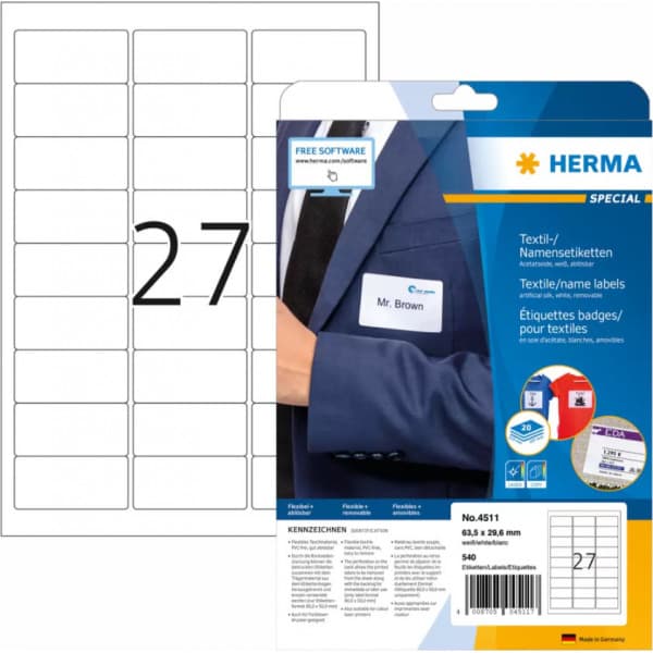 Herma Special 4511 -avtagbara namn/textilstickers, 27-delar, 63,5 x 29,6 mm