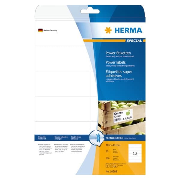 Herma Special 10908 -utskriftsetiketter, mycket starkt fästa, 12-delad, 105 x 48 mm