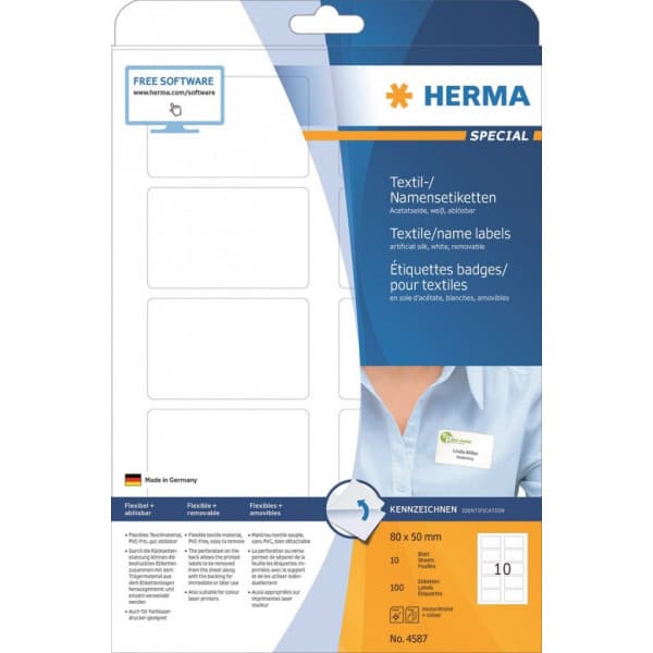 Herma Special 4587 -irrotettavat nimi-/tekstiilitarrat, 10-osainen, 80 x 50, valkoinen
