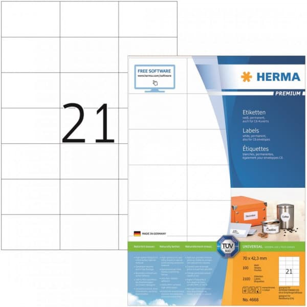 Herma Premium 4668 -utskriftsetiketter, 21-delar, 70 x 42,3 mm Grå