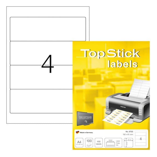TopStick 8722 -utskriftsetiketter, 4-delad, 192 x 61 mm