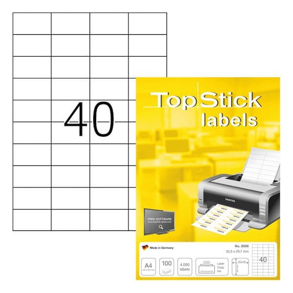 TopStick 8698 -tulostustarrat, 40-osainen, 52,5 x 29,7 mm