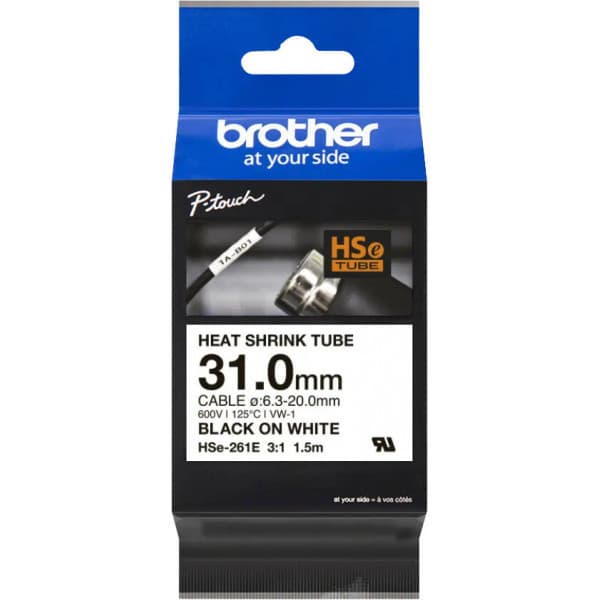 Brother HSE-261E -värmeslang, svart text på vit bakgrund, 31 mm