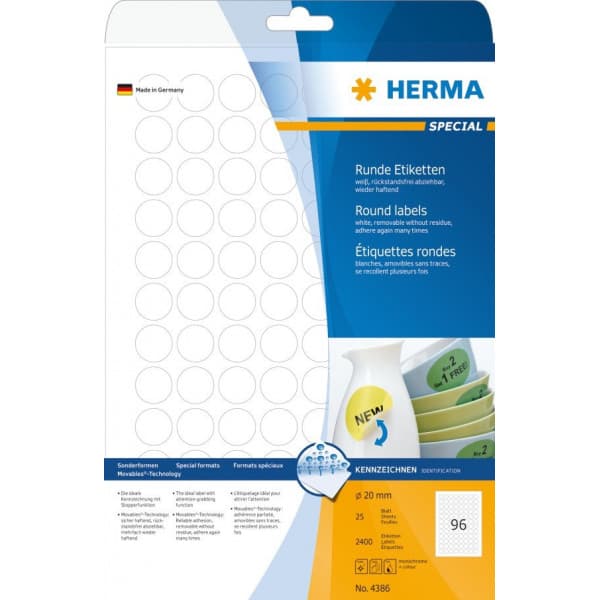 Herma Special 4386 -irrotettavat tulostustarrat, 96-osainen, 20 mm halkaisija