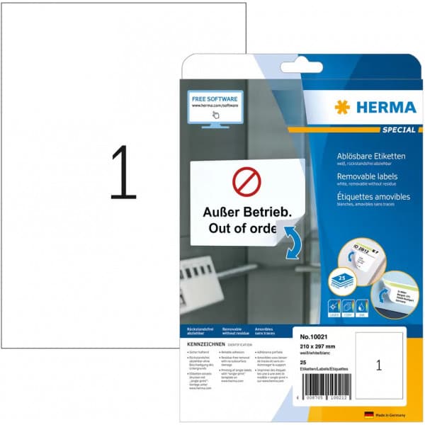 Herma Special 10021 -avtagbara utskriftsetiketter, 1-delad, 210 x 297 mm