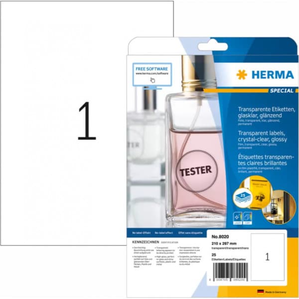 Herma Special 8020 - gennemsigtige filmklistermærker, 1-delt, 210 x 297 mm