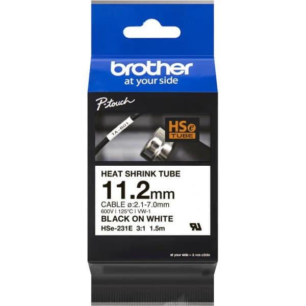Brother HSe-231E krympslang, svart text på vit bakgrund, bredd 11,2 mm