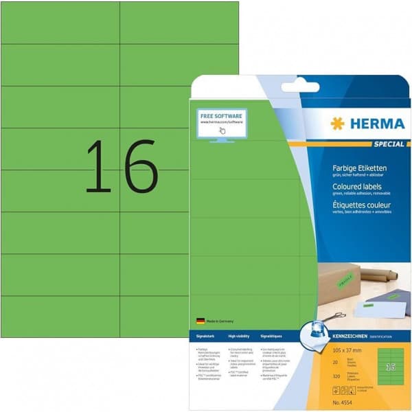 Herma Premium 4554 -tulostustarrat, 16-osainen, 105 x 37 mm, vihreä