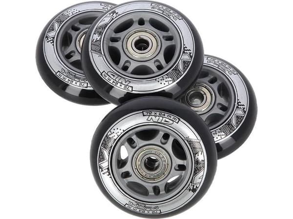 NILS Extreme PU 72x24 82A MUSTA N (4 kpl) + ABEC-9 (8 kpl) NILS EXTREME SETTI