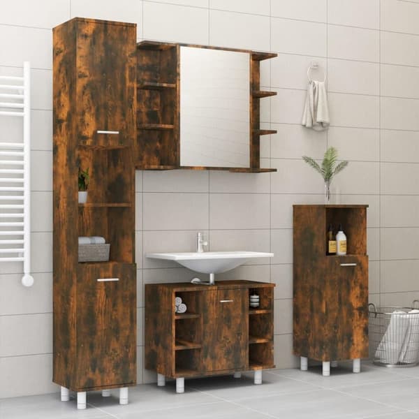 vidaXL badeværelsesskab + spejl 80x20,5x64 cm konstrueret træ røget eg