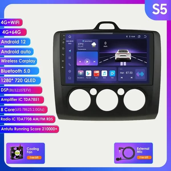 Carplay-autoradio Androidille, Ford Focus 2 3 Mk2 Mk3, monimediasoitin GPS:llä., 10,33 tuuman S4 musta