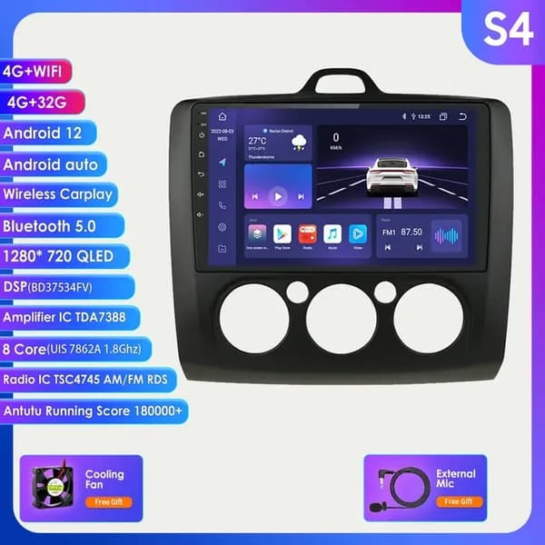 Carplay-autoradio Androidille, Ford Focus 2 3 Mk2 Mk3, monimediasoitin GPS:llä., 10,33 tuuman S4 musta