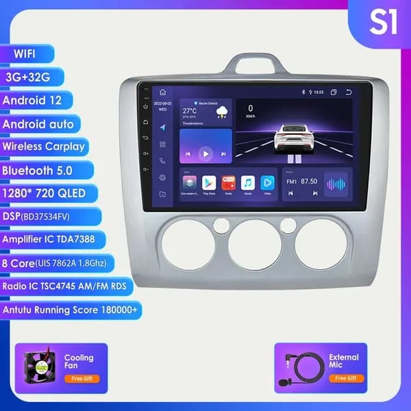 Carplay-autoradio Androidille, Ford Focus 2 3 Mk2 Mk3, monimediasoitin GPS:llä., 10,33 tuuman S4 musta