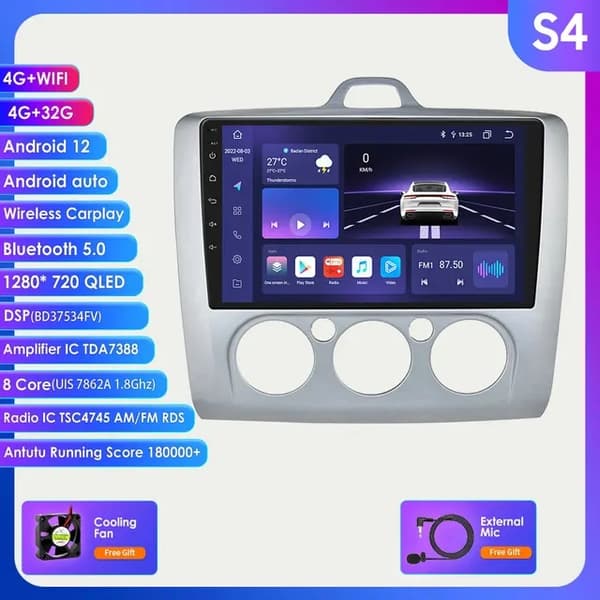 Carplay-autoradio Androidille, Ford Focus 2 3 Mk2 Mk3, monimediasoitin GPS:llä., 10,33 tuuman S4 musta