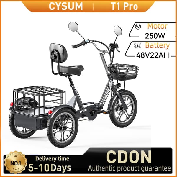 CYSUM T1 Pro Aikuisille Tarkoitettu Sähköinen Kolmipyöräinen 250W Sähköinen Tavarakolmipyörä 48V22 Ah Akulla, 16 Tuuman Rengaspyörällä