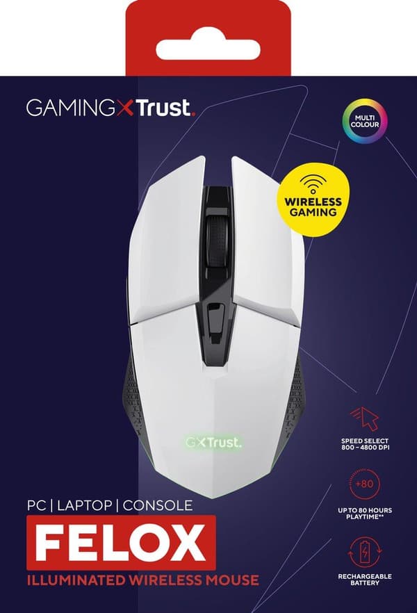 Trust GXT 110 FELOX - Mus - upplyst, spel - 6 knappar - trådlös - vit