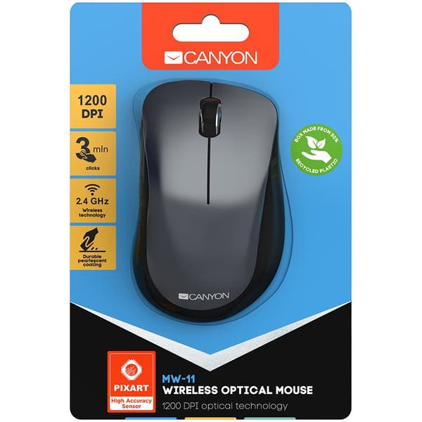 CANYON MW-11, 2.4 GHz Wireless mouse,with 3 buttons, DPI 1200, Battery:AAA*2pcs,Black,67*109*38mm,0.063kg