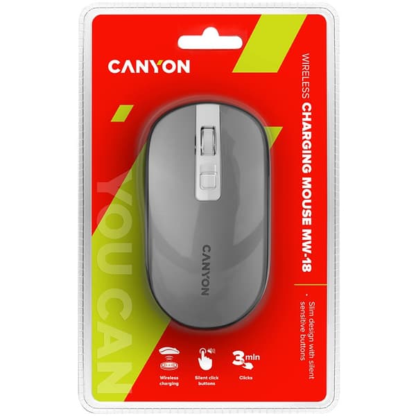 CANYON MW-18, 2.4GHz Wireless Rechargeable Mouse with Pixart sensor, 4keys, Silent switch for right/left keys,Add NTC DPI: 800/1200/1600, Max. usage 5