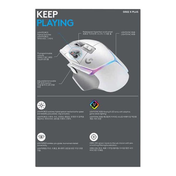 Logitech Langaton Pelihiiri G502 X Plus Lightspeed Hopeinen